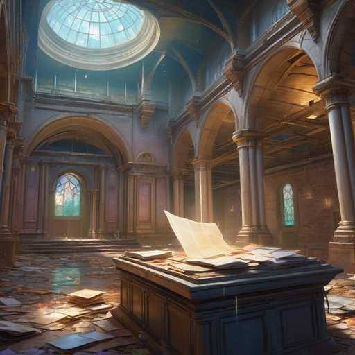 The image depicts a grand, abandoned hall within an old building, likely a library or archive. Piles of scattered documents and books litter the floor, illuminated by shafts of sunlight streaming through a large, ornate skylight. A grand, dark wooden desk sits in the foreground, with a single document standing upright, catching the light. The overall style is detailed and atmospheric, evoking a sense of forgotten history and quiet decay.