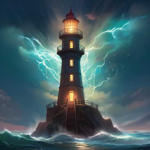 A majestic lighthouse stands on a rocky island amidst stormy seas, illuminated by a powerful beam of light piercing through dramatic lightning. The lighthouse's dark structure contrasts with the bright, glowing light within, while the turbulent waves crash against the base. The art style is a blend of realistic and fantastical elements, creating a dramatic and atmospheric scene with a focus on light and shadow.