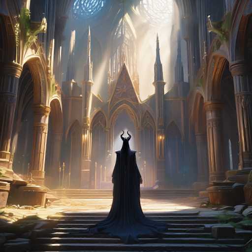 A lone, cloaked figure with a horned headpiece stands in a vast, dimly lit cathedral. Sunlight streams down from stained-glass windows high above, illuminating the grand, gothic architecture with a warm glow. The figure is positioned in the center of the frame, facing towards the distant, ornate altar, creating a sense of awe and mystery. The overall style is atmospheric and fantastical, with a focus on dramatic lighting and intricate details.