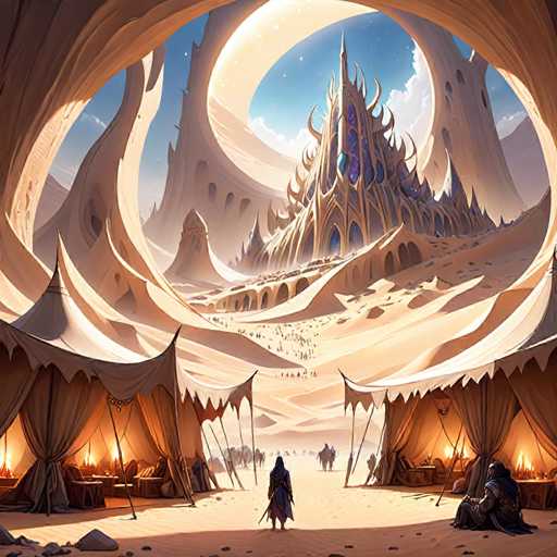 A vast, fantastical desert landscape unfolds, dominated by towering, organic rock formations and a grand, ornate palace in the distance. The scene is bathed in warm, golden light, with tents lining a central path leading towards the palace. Figures of travelers and figures in robes are visible, creating a sense of scale and journey. The art style is painterly and dreamlike, with soft gradients and a focus on atmospheric perspective.