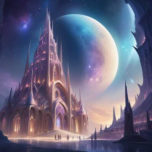 A grand, fantastical palace dominates a serene, reflective landscape under a vibrant, starry sky. The main structure is an ornate, multi-tiered building with towering spires and glowing windows, bathed in warm light. A massive, luminous planet hangs in the sky, partially obscuring a distant, smaller celestial body. Several figures are seen walking towards the palace's entrance, adding a sense of scale and mystery. The art style is highly detailed and painterly, with a focus on dramatic lighting and ethereal colors, evoking a sense of fantasy and wonder.