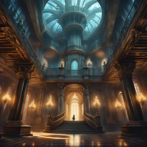 A grand, ornate hall with towering columns and a vast, glowing dome dominates the scene. A lone figure ascends a grand staircase bathed in warm light, creating a sense of scale and mystery. The art style is highly detailed and fantastical, reminiscent of a digital painting with an emphasis on dramatic lighting and intricate architectural design.