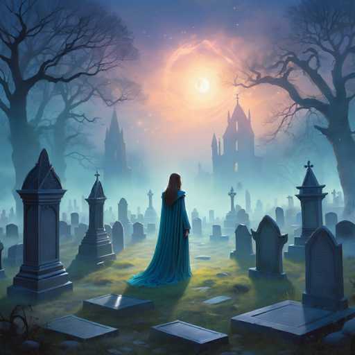 A lone figure in a flowing blue cloak stands in a misty graveyard, gazing towards a softly glowing moon-like orb. Ancient tombstones and gnarled, bare trees create a somber yet ethereal atmosphere. The scene is rendered in a painterly style with soft lighting and a focus on atmospheric perspective, emphasizing the quiet solitude of the setting.