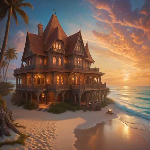 A grand, multi-story Victorian mansion with a rich, reddish-brown roof and intricate details sits on a tropical beach at sunset. The house's architecture features numerous balconies, arched windows, and warm interior lighting, contrasting with the soft glow of the setting sun. Palm trees frame the scene on either side, and a small bonfire flickers on the sand in front of the house. The overall style is a detailed, painterly digital illustration with a warm, slightly fantastical atmosphere.