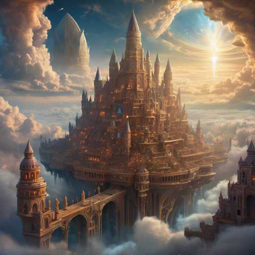 A breathtaking, fantastical cityscape floats amidst swirling clouds. A colossal, intricately detailed castle dominates the scene, its spires reaching towards a radiant, glowing sky. Bridges connect various structures, creating a sense of scale and wonder. The art style is highly detailed and painterly, with warm, ethereal lighting emphasizing the magical atmosphere.