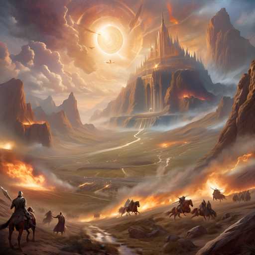 A vast, fantastical landscape unfolds with a majestic, glowing castle perched atop a fiery mountain. Knights on horseback charge across a desolate, sun-baked terrain, their figures silhouetted against the dramatic sky. A swirling, ethereal light dominates the upper portion of the image, creating a sense of epic scale and otherworldly power. The art style is painterly and atmospheric, emphasizing dramatic lighting and a sense of vastness.