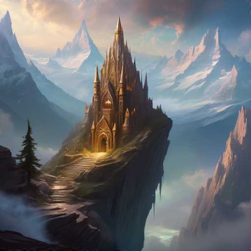 A majestic, fantastical castle perches atop a floating island amidst towering, snow-capped mountains. The castle's intricate architecture glows with warm light, contrasting with the cool, misty atmosphere surrounding it. A winding staircase leads up to its grand entrance, while a lone pine tree stands on the island's edge. The overall style is a blend of fantasy art and digital painting, emphasizing atmospheric perspective with soft gradients and ethereal lighting.