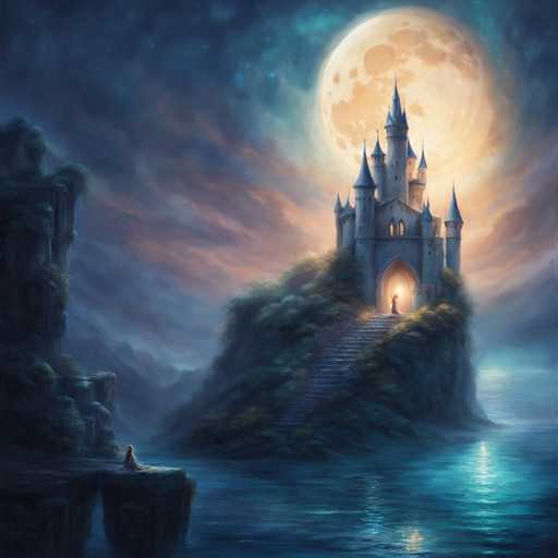 A majestic, fairytale-style castle perches on a lush island in a tranquil, moonlit sea. A lone figure sits on a stone platform overlooking the water, gazing at the castle bathed in soft light. The scene is rendered with a painterly, ethereal art style, emphasizing atmospheric perspective and a dreamlike quality.