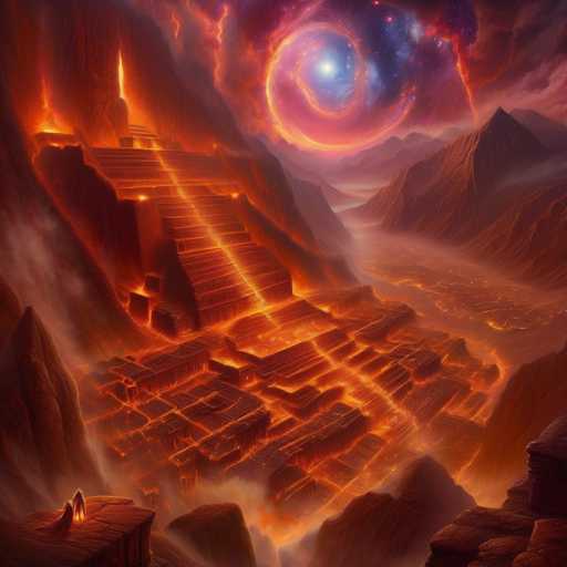 The image depicts a colossal, ancient temple engulfed in fiery lava within a volcanic landscape. Towering structures of obsidian-like stone are partially submerged in molten rock, with glowing lava flows cascading down the sides. A swirling, otherworldly vortex dominates the sky above, casting an eerie glow on the scene. The overall art style is a blend of fantasy and digital painting, emphasizing dramatic lighting and a sense of immense scale.