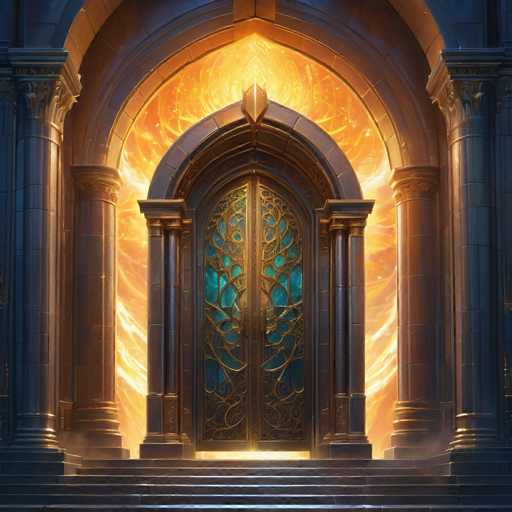 The image depicts a grand, ornate golden door set within an arched portal. The door is intricately detailed with swirling patterns and glowing teal accents, framed by golden pillars supporting the arch. A radiant, fiery light emanates from behind the door, suggesting a portal to another realm. The overall style is highly detailed and fantastical, reminiscent of a digital painting with a focus on dramatic lighting and intricate textures.