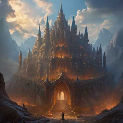 A colossal, fantastical castle dominates a rugged, snow-covered mountain landscape. The structure is built from dark, textured stone, glowing with warm, orange light emanating from within its towers and archways. A lone figure stands at the base of a grand, arched entrance, gazing towards the illuminated castle. The scene is bathed in a dramatic, warm-toned light with a hazy atmosphere, suggesting a mystical and epic setting. The art style is highly detailed and painterly, with a focus on atmospheric perspective and dramatic lighting.