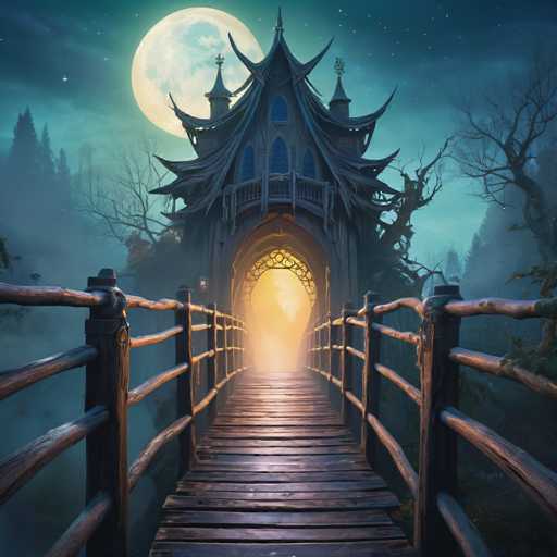 A mystical, fairytale-like scene unfolds: a wooden bridge arches towards an ornate, dark blue castle bathed in moonlight. The bridge's railings frame a glowing portal at the end, hinting at a magical passage. A full moon hangs in the dark sky, partially obscured by mist and silhouetted trees. The art style is fantastical and atmospheric, with a focus on soft lighting and a dreamlike quality.