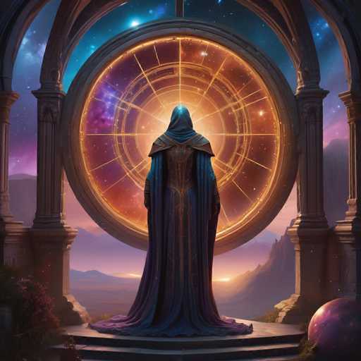 A lone, cloaked figure stands before a colossal, glowing celestial orb. The figure, facing away, is draped in deep blue fabric with golden accents, their form partially obscured by a hood. The orb pulses with vibrant cosmic energy, displaying swirling nebulae and intricate patterns of light. The scene is set in a grand, otherworldly space with ornate pillars and a distant, ethereal landscape bathed in a warm, sunset-like glow. The art style is fantastical and detailed, emphasizing a sense of mystery and cosmic wonder.