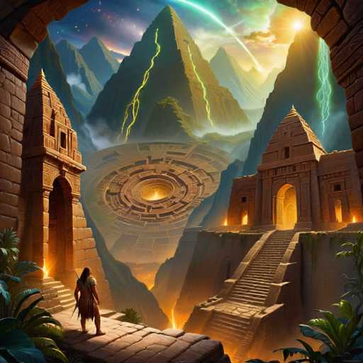 A lone figure in ancient attire stands at the entrance of a colossal, intricately carved stone structure, gazing towards a vast, otherworldly landscape. The scene is dominated by towering, ancient architecture nestled amidst dramatic, mountainous terrain bathed in a warm, ethereal glow. The art style is fantastical and detailed, evoking a sense of mystery and ancient wonder.