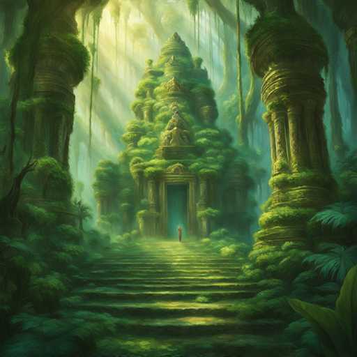 The image depicts a mystical, overgrown temple nestled deep within a lush jungle. The main focus is on a grand, moss-covered temple structure at the center, with a long, moss-laden staircase leading towards its entrance.  Giant, vine-covered stone pillars frame the scene on either side. A lone figure in a red garment stands at the top of the stairs, bathed in soft sunlight filtering through the dense foliage. The art style is highly detailed and painterly, emphasizing a sense of ancient mystery and serene natural beauty.