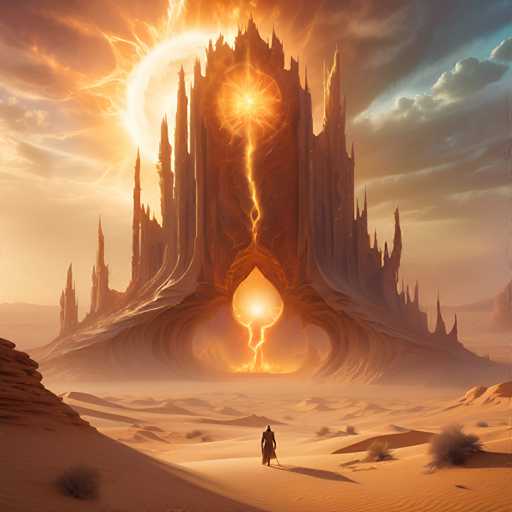 A lone figure in a dark cloak walks towards a colossal, otherworldly structure resembling a sandcastle in a vast desert. The structure is bathed in an intense, glowing light emanating from its central opening, with a radiant sun-like orb dominating the sky. The scene is rendered in a digital painting style, emphasizing dramatic lighting and a sense of epic scale.