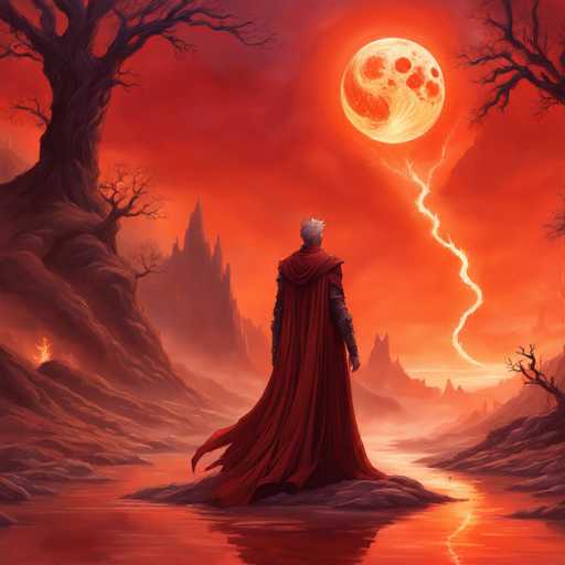 A lone figure in a flowing red cloak stands on a reflective, crimson-colored rock in a desolate, otherworldly landscape. A massive, glowing red moon dominates the sky, partially obscured by a crackling lightning bolt. Jagged, dark mountains rise in the background, and skeletal, leafless trees frame the scene. The art style is painterly and atmospheric, emphasizing dramatic lighting and a sense of isolation.