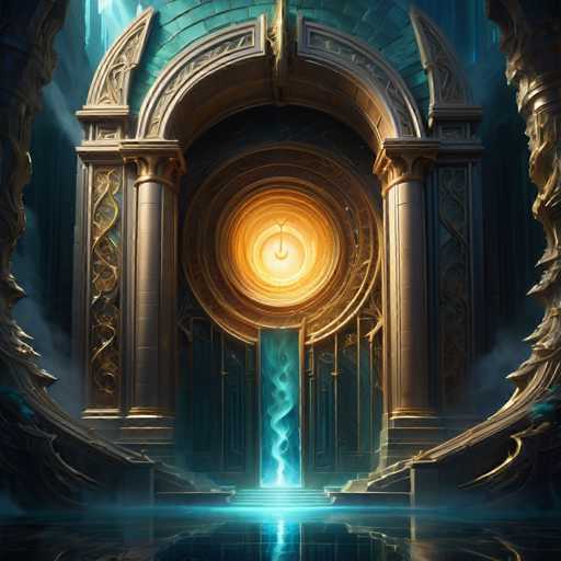 A grand, ornate portal dominates the image. Golden, intricately carved archways frame a glowing, circular doorway emitting vibrant blue energy. The portal's scale is immense, with swirling, ethereal light emanating from within and reflecting on a polished floor. The art style is highly detailed and fantastical, reminiscent of a digital painting with a focus on intricate textures and dramatic lighting.