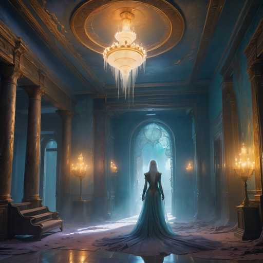 A lone, ethereal figure in a flowing teal gown stands in a grand, dimly lit hall. Ornate columns and chandeliers cast a soft glow on the dusty, baroque-style setting. The figure's back is to the viewer, emphasizing a sense of mystery and vastness. The overall style is painterly and atmospheric, with a focus on dramatic lighting and a slightly melancholic mood.
