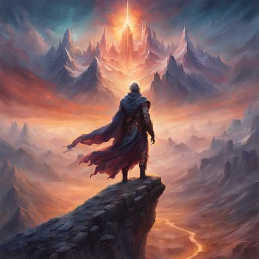 A lone, cloaked figure stands on a precipice overlooking a vast, fantastical landscape. The scene is bathed in a warm, ethereal light emanating from a distant, towering castle-like structure. The figure's flowing cape billows in the wind, emphasizing a sense of scale and solitude. The art style is painterly and atmospheric, with soft gradients and a focus on dramatic lighting to evoke a sense of awe and mystery.