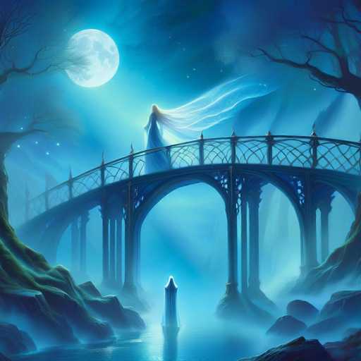 A serene, ethereal scene unfolds under a full moon. A grand, ornate bridge arches over a tranquil, glowing body of water, its intricate details illuminated by moonlight. A spectral figure in flowing white fabric stands at the bridge's end, seemingly bathed in a soft, otherworldly light. The overall style is dreamlike and fantastical, with a cool blue color palette enhancing the mystical atmosphere.