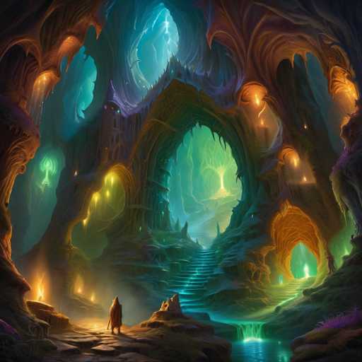 A lone figure in a flowing cloak stands at the entrance of a fantastical, glowing cave. The cavern is filled with vibrant, otherworldly light emanating from crystalline formations and glowing orbs embedded in the rock. The scale is immense, with towering, organic-looking walls and a winding staircase leading deeper into the luminous depths. The art style is highly imaginative, leaning towards a blend of fantasy illustration and digital painting, with a focus on rich color and atmospheric lighting.