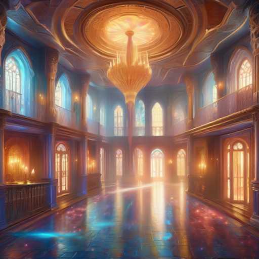 A grand, opulent hall with a towering golden chandelier dominates the scene. Ornate arches and glowing stained-glass windows bathe the space in warm light, reflecting on a polished floor. The style is fantastical and detailed, evoking a sense of magical grandeur with intricate architectural elements and soft, ethereal lighting.