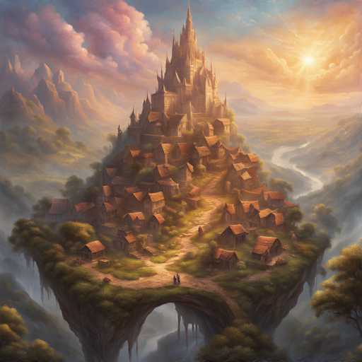 A fantastical, ethereal scene unfolds: a quaint village nestled atop a floating island in a misty valley. The main elements are the charming, clustered houses and a majestic, towering castle at the island's peak. A winding path connects the dwellings, leading to a grand archway spanning a cascading waterfall below. The overall art style is painterly and dreamlike, with soft lighting and a warm color palette creating a sense of tranquility and wonder.