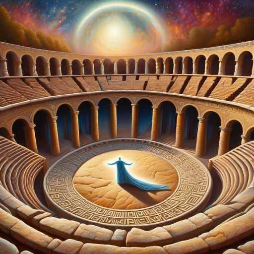 The image depicts a grand, ancient amphitheater bathed in a warm, ethereal light. A central, circular platform stands at the heart of the structure, featuring a glowing blue figure with outstretched arms. The amphitheater's architecture is classical, with tiered seating and arched openings surrounding the central platform. A celestial backdrop of a swirling cosmos adds to the mystical atmosphere. The art style is highly detailed and painterly, with a focus on texture and light play, evoking a sense of awe and timelessness.