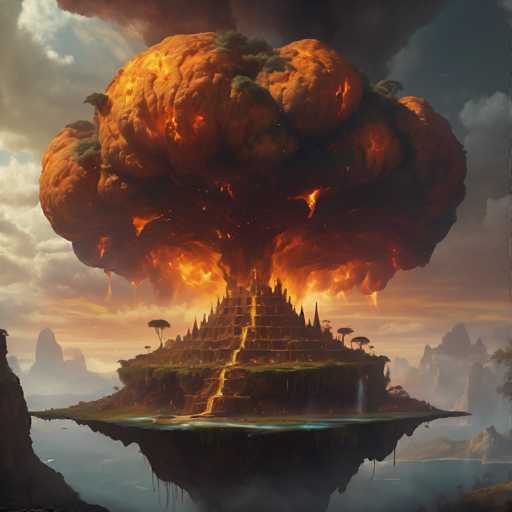 A colossal, fiery explosion dominates a floating island in this surreal digital painting. The main subject is a massive mushroom cloud of orange and red, with a dark, jagged base erupting from the island's peak. Below, a tiered, ancient-looking structure with cascading waterfalls is engulfed in the explosion's glow. The overall style is fantastical and dramatic, emphasizing a sense of immense power and otherworldly scale.