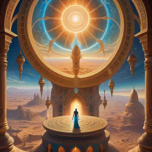 A lone, serene figure in a flowing blue gown stands on an ornate, golden platform within a grand, circular structure. The scene is set in a vast, otherworldly desert landscape under a vibrant, glowing celestial dome. The art style is highly detailed and fantastical, evoking a sense of ancient mystery and cosmic grandeur.