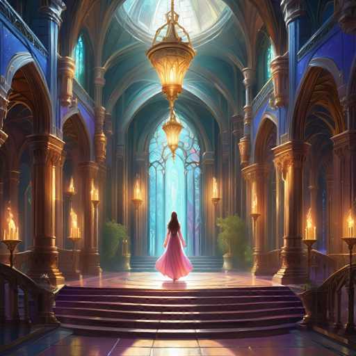 A lone figure in a flowing pink gown stands at the center of a grand, ornate hall bathed in warm, golden light. Gothic arches and intricate columns frame the scene, with glowing lanterns casting a soft illumination on the polished floor. The overall style is fantastical and dreamlike, with a focus on dramatic lighting and detailed architecture.