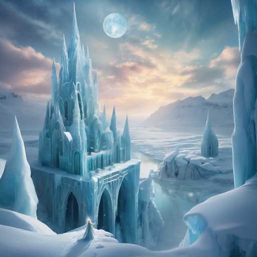 A majestic, fantastical ice castle dominates a serene, snow-covered landscape. The main structure is a towering, intricately detailed palace of ice, with sharp spires and arched windows. A lone figure stands at the base, bathed in a soft glow. The scene is set under a pale blue moon and a warm, ethereal sky, with icy rivers winding through the landscape. The art style is a blend of fantasy illustration and digital painting, emphasizing a dreamlike, cold aesthetic.