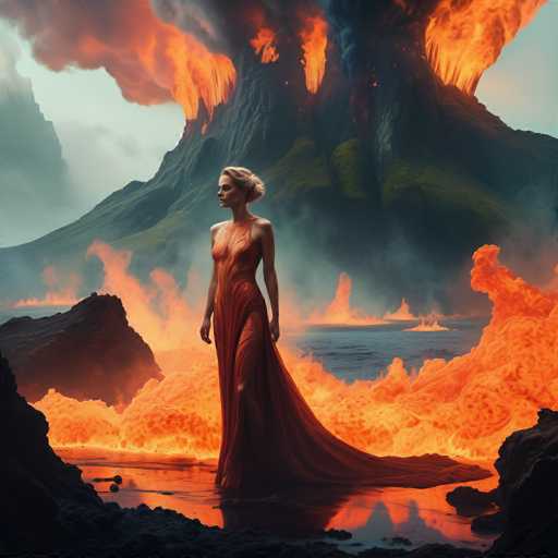 A lone, elegant woman in a flowing red gown stands on a lava-strewn landscape before an erupting volcano. The scene is dramatic, with fiery orange lava cascading from the mountain and billowing smoke filling the sky. The woman's pose is serene, contrasting with the chaotic volcanic activity. The art style is fantastical and painterly, emphasizing a sense of epic scale and otherworldly beauty.