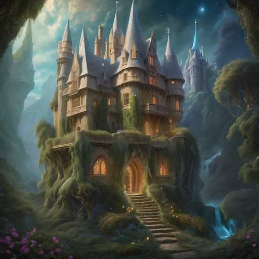 A fantastical, fairytale-style castle perches atop a mossy, tree-covered hill in a misty, twilight setting. The main structure is a multi-towered castle with glowing windows and intricate details, nestled amidst lush greenery. A winding path leads up to the entrance, flanked by glowing flora and a cascading waterfall in the background. The overall art style is painterly and dreamlike, emphasizing soft lighting and a sense of enchantment.