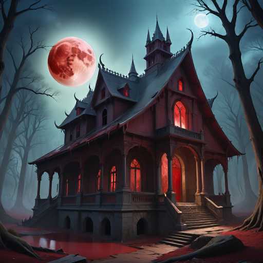 A gothic mansion stands in a dark, eerie forest under a blood-red moon. The house is a sprawling, multi-story structure with dark, ornate architecture and glowing red windows. A pale, crescent moon hangs in the sky, casting a mysterious atmosphere. The scene is rendered in a dark fantasy art style with a focus on dramatic lighting and atmospheric perspective, emphasizing a sense of foreboding.