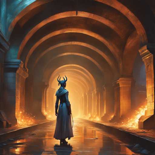 A lone, cloaked figure with a horned headpiece stands at the end of a long, dimly lit corridor. The scene is bathed in warm, orange light emanating from the far end, contrasting with the cool blue of the figure's cloak. The corridor is lined with ancient stone arches and pillars, creating a sense of depth and mystery. The overall art style is painterly and atmospheric, with a focus on dramatic lighting and a slightly fantastical feel.
