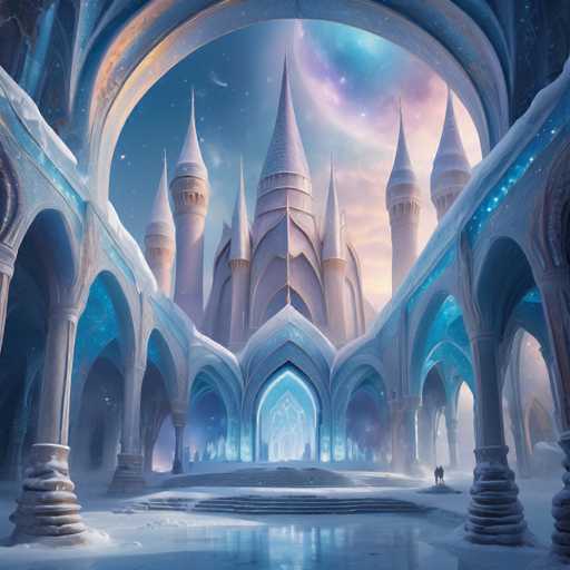 A breathtaking, fantastical ice castle dominates the scene. Towering spires and arched structures shimmer with a cool, ethereal glow, partially encased in sparkling ice formations. Two figures stand dwarfed before the grand entrance, emphasizing the castle's immense scale. The art style is a blend of digital painting and fantasy illustration, evoking a sense of wonder and cold majesty.
