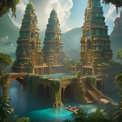 The image depicts a fantastical, overgrown temple complex nestled in a lush, verdant valley. Three towering, moss-covered structures dominate the scene, their intricate architecture partially obscured by vibrant foliage. A serene, turquoise pool reflects the sky and surrounding greenery, with a stone bridge arching over it. The overall style is a blend of fantasy and ancient architecture, with a painterly quality emphasizing the organic growth and atmospheric depth.