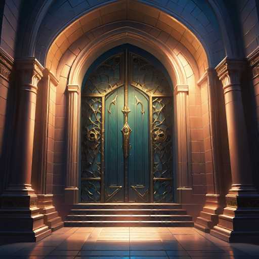 A grand, ornate blue door dominates the image, set within a warm-toned stone archway. The door's intricate metalwork features swirling patterns and golden accents, with a central, ornate handle. The scene is bathed in soft, warm light casting dramatic shadows on the textured stone and steps leading up to the door. The overall style is highly detailed, leaning towards a fantasy or historical aesthetic with a focus on rich textures and dramatic lighting.