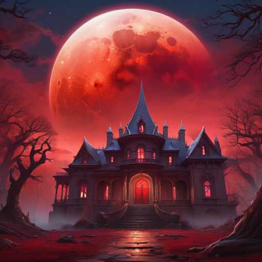 A gothic mansion stands under a colossal, blood-red moon in a dark, eerie landscape. The house is detailed with sharp architectural features and glowing windows, while gnarled, leafless trees frame the scene. A thick mist hangs in the air, enhancing the spooky atmosphere. The art style is a blend of digital painting and fantasy illustration, emphasizing dramatic lighting and a slightly surreal feel.