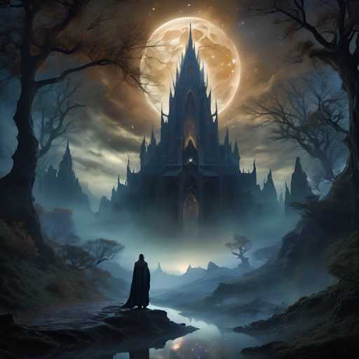 A lone figure stands on a rocky outcrop, gazing at a colossal, dark castle shrouded in mist under a large, glowing full moon. The scene is atmospheric and fantastical, with silhouetted trees framing the landscape on either side. The art style leans towards a digital painting, emphasizing dramatic lighting and a slightly ethereal quality.