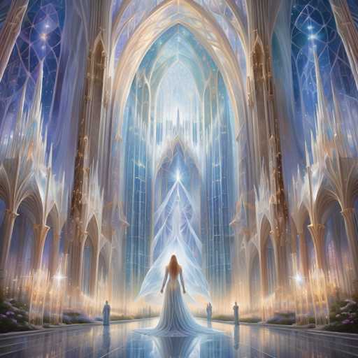 The image depicts a breathtaking, ethereal interior of a grand, crystal-like cathedral. A lone woman in a flowing white gown stands at the center, bathed in radiant light emanating from above. She gazes upwards towards a towering, glowing structure that seems to pierce the heavens. The cathedral's architecture is characterized by intricate, translucent arches and pillars, creating a sense of vastness and otherworldly beauty. The overall style is highly detailed and fantastical, with soft, glowing light playing a prominent role in the composition.