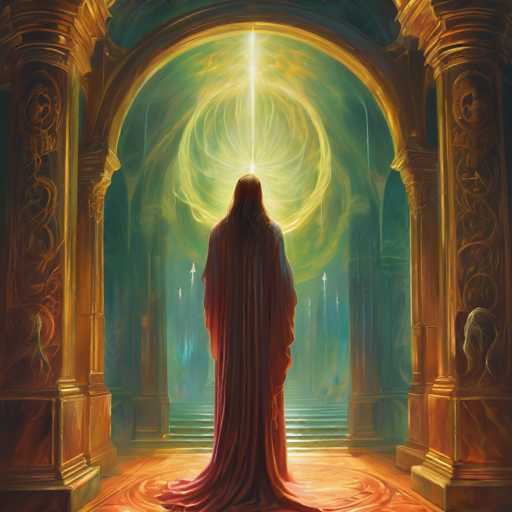 A lone, cloaked figure stands in a grand, golden archway bathed in radiant light. The figure faces a glowing, circular source of energy, their form partially obscured by the flowing robe. Ornate pillars frame the scene, leading to a distant, ethereal light source. The art style is highly detailed and painterly, with warm, rich colors dominating the composition.