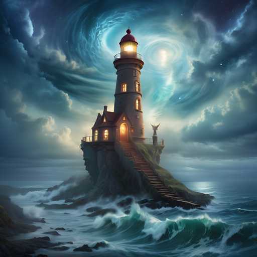 A majestic lighthouse stands on a craggy island amidst stormy, turbulent waters under a dramatic, swirling sky. The lighthouse's warm light pierces the dark clouds, contrasting with the cool blues and grays of the ocean. The scene is a blend of fantasy and realism, with a painterly texture emphasizing the powerful atmosphere.