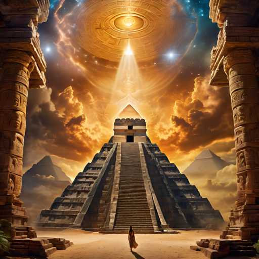 A lone figure in a flowing robe walks towards a colossal, ancient Mayan pyramid bathed in golden light. The scene is framed by ornate stone pillars and a celestial, glowing disc above. Majestic pyramids rise in the distance under a dramatic, cloudy sky with stardust and a sense of otherworldly grandeur. The art style is highly detailed and fantastical, evoking a mystical, historical atmosphere.