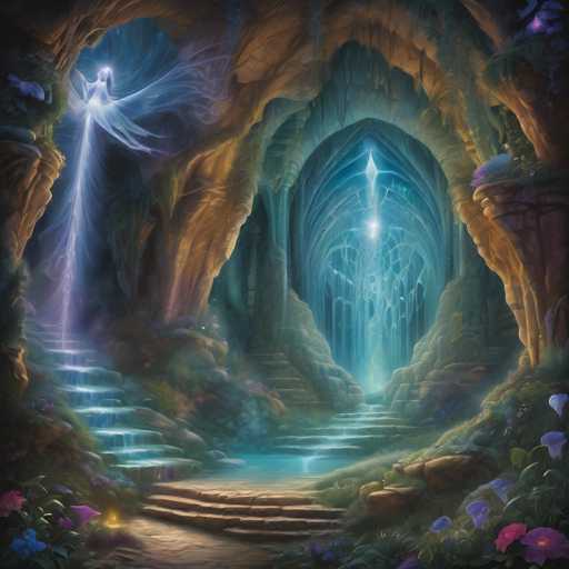 The image depicts a fantastical, ethereal scene within a glowing cave. A radiant, winged figure descends down a shimmering staircase of light, flanked by softly illuminated stone walls adorned with vibrant flora. The overall style is dreamlike and fantastical, emphasizing soft lighting and a sense of otherworldly beauty.