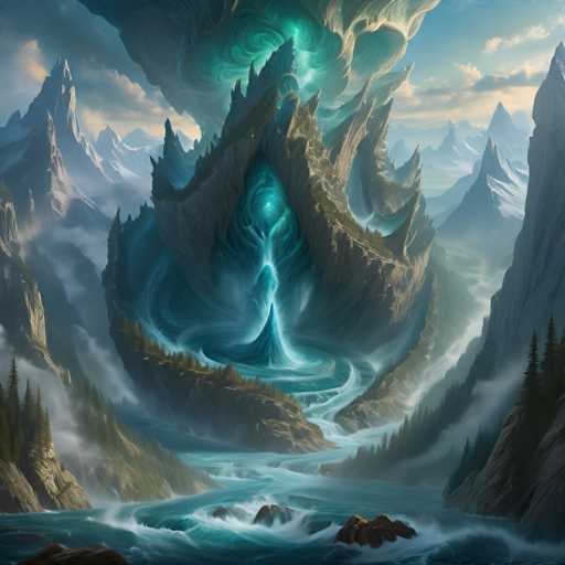A breathtaking, fantastical landscape unfolds: towering, jagged mountains swirl with vibrant turquoise energy, a river of glowing water snakes through the scene, and ethereal mist dances around. The art style is highly detailed and painterly, with a focus on dramatic lighting and a sense of otherworldly grandeur.