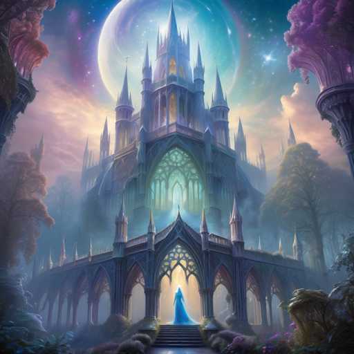A majestic, ethereal castle dominates a fantastical landscape under a glowing full moon. The scene is bathed in soft, dreamy light with a blend of cool blues and warm purples. A lone figure in a flowing blue gown stands at the base of an archway, bathed in a radiant light emanating from within. The castle's architecture is intricate and fantastical, with towering spires and ornate details. The overall style is a blend of fantasy art and digital painting, emphasizing a sense of wonder and magic.