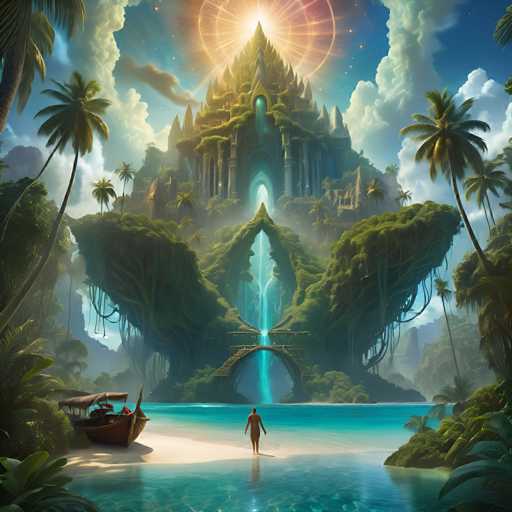 A serene, fantastical island scene unfolds under a radiant, golden sun. Lush, verdant landmasses rise dramatically from turquoise waters, adorned with towering waterfalls and ancient, moss-covered structures. A lone figure stands at the water's edge, gazing towards a majestic, castle-like structure perched atop the highest peak. The art style is dreamlike and painterly, with soft lighting and a focus on vibrant natural textures.